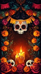 Sugar Skull Candles Flowers Day Of The Dead Artwork
