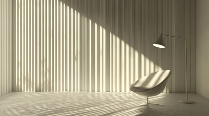 A 3D rendering of a living room interior featuring an armchair and decor accessories against white walls