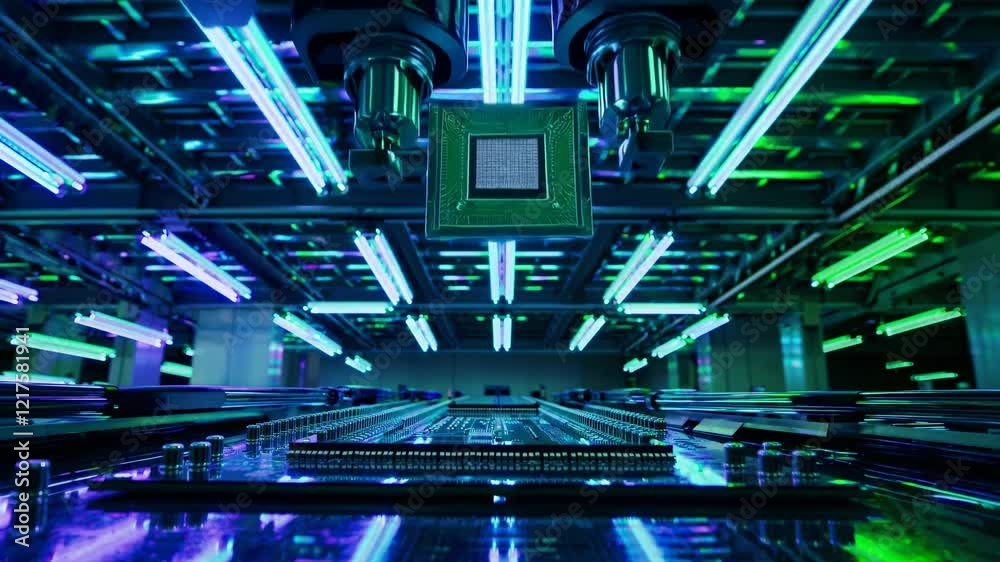 Poster innovative technology in action with robotic precision and glowing lights in a modern production fac