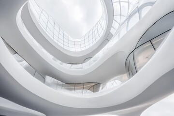 Fototapeta premium Modern architectural design showcasing curved structures and large windows in an indoor space