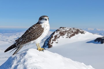 Fototapeta premium Majestic falcon observing vast snowy landscape arctic region wildlife photography winter wonderland close-up nature's beauty