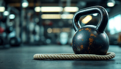 Old kettlebell rests on gym floor beside sturdy rope during a workout session in a fitness center on a bright day
