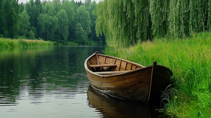 Obraz premium Wooden rowboat riverbank forest tranquility nature scene