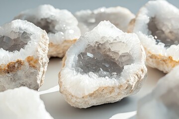 Close-up of several geode clusters showcasing translucent quartz crystals with smoky interiors against a neutral backdrop.