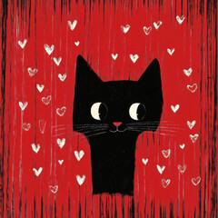 Obraz premium Adorable black cat peeking through red heart cutouts, perfect for Saint Valentine's Day