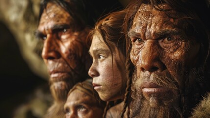 Four Neanderthals, including a male, female, and child, display diverse features in a cave setting.