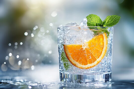 オレンジスライスとミントが彩る爽やかな炭酸ドリンクのクローズアップ | Close-up of Refreshing Sparkling Drink with Orange Slice and Mint