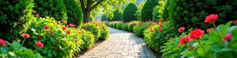 Serpentine pathway lined with lush greenery and vibrant flowers, blossoms, leaves, flowers