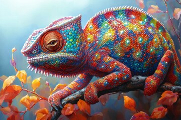 Obraz premium Colorful chameleon perched on a branch amid vibrant autumn leaves in a serene natural setting