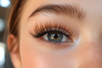 Obraz premium Close-up view of a young person's eye showcasing stunning lashes and vibrant iris on a bright day