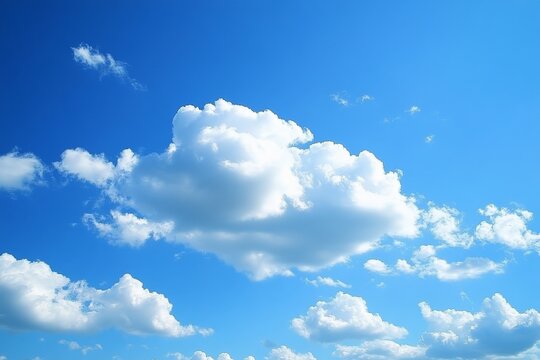 Fluffy white clouds drift across a bright blue sky on a clear sunny day in a serene atmosphere