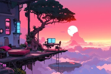 Futuristic Skybound Apartment With Bonsai Tree At Sunset