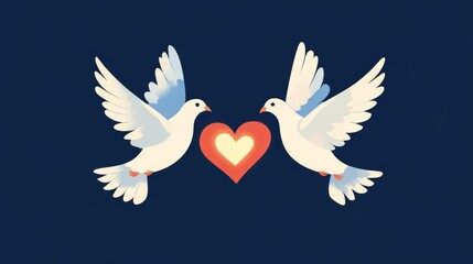 Fototapeta premium Two doves flying towards a heart symbol on a dark background.