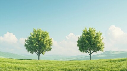 Two solitary trees stand gracefully in the middle of a vibrant green meadow, their branches reaching toward a bright blue summer sky.