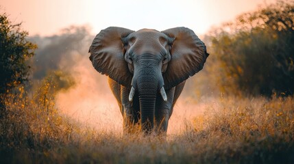 Obraz premium portrait of an African elephant in the jungle. wild animals and wildlife. African elephant close up walking on dry savanna at sunset