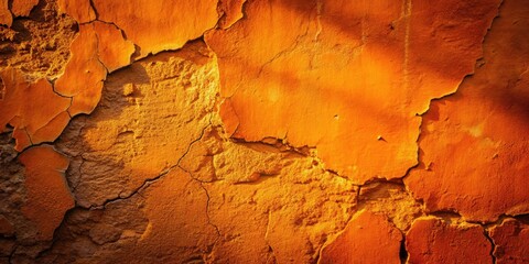 Naklejka premium Night's low light reveals a decaying old building; textured orange wall, cracked plaster, grunge, architectural detail.