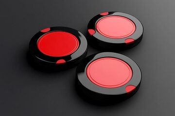 Casino Chips | Red & Black Poker Tokens with Glossy Finish. A captivating close-up of red and black casino chips with a glossy surface and textured edges, set against a dark background