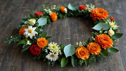 wreath of flowers on wooden background