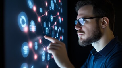Man in glasses explores detailed digital information on an interactive display