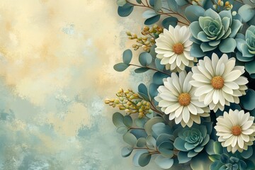 Beautiful floral arrangement with daisies and succulents against a soft background
