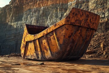 A rusty, massive mining dump truck rests against a cliff face, showcasing the scale of industrial mining operations.