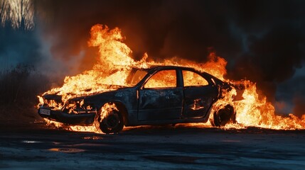Burning car engulfed in flames on a deserted road at night