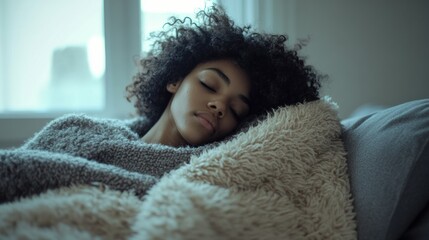 A young woman wrapped in a fluffy blanket, resting peacefully on a comfortable bed in a calm and minimalist bedroom