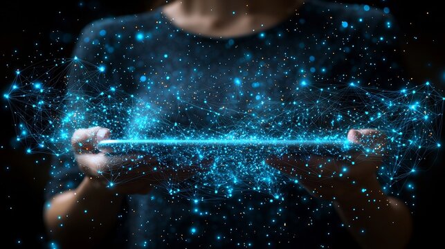 Person interacting with futuristic digital network on glowing tablet interface visual - Powered by Adobe