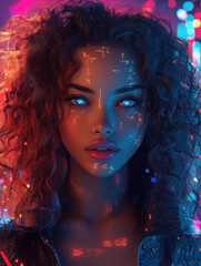Futuristic and vibrant portrait of a woman with curly hair, illuminated by dynamic neon lights, perfect for T-shirt prints that celebrate modern artistic expressions