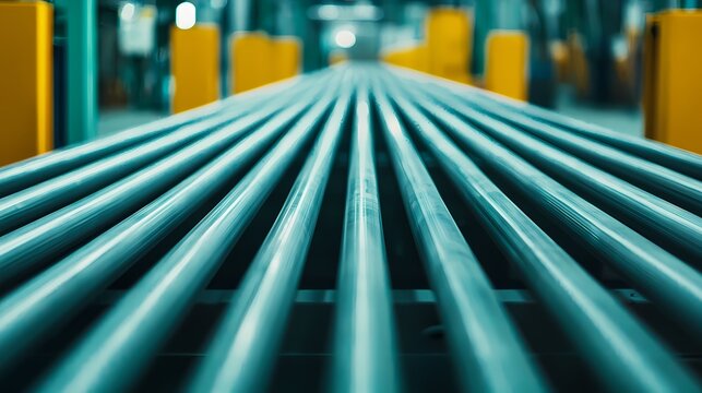 A close-up view of parallel metal pipes arranged in a factory setting, highlighting their shiny surfaces and linear perspective.