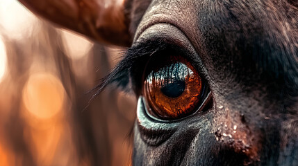 A close-up of a buffalo's eye, showing its expressiveness and deep gaze. This image highlights the power and wildness of the animal, drawing attention to its natural beauty.