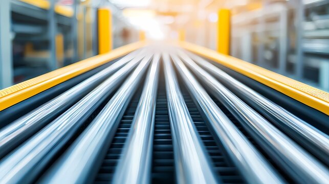 A close-up view of parallel conveyor belts in a warehouse, emphasizing the metallic surfaces and the warm glow of sunlight in the background.
