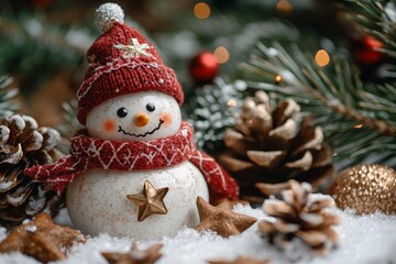 Cheerful snowman ornament surrounded by festive decorations for a cozy holiday atmosphere