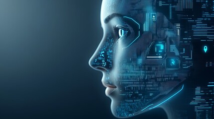 Futuristic technology woman's face, digital portrait with abstract tech background