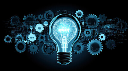 A glowing light bulb is surrounded by intricate gears and circuit lines, representing concepts of innovation, creativity, and technology in a dark setting that highlights the elements.