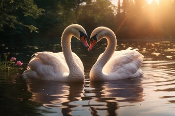 A stunning rainbow arches over a serene forest lake at sunset, with swans gracefully swimming.