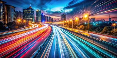 Obraz premium Slow shutter speeds reveal abstract urban light streaks, creating textured bokeh and motion blur in captivating night photography.