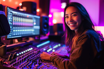 Podcaster recording in a vibrant studio while smiling at the camera during a late evening session