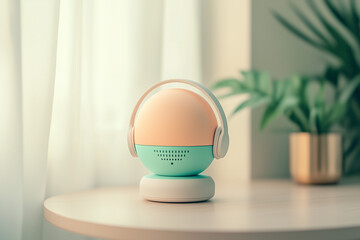 Unique podcast icons featuring soft gradients on a modern table with warm natural light and greenery in a cozy environment