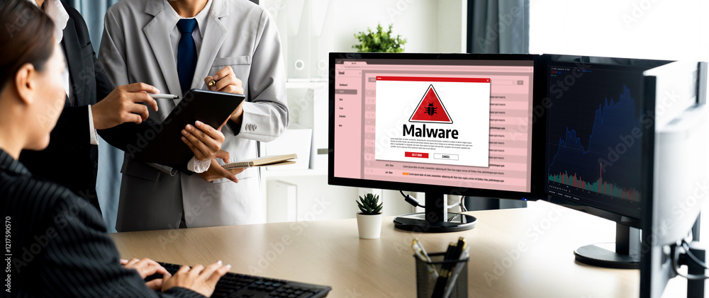 Poster cyber attacking concept. malware alert showing on computer screen display scam and threat detection 
