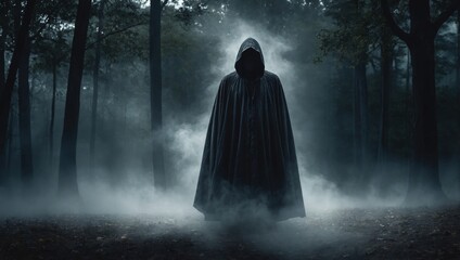 A hooded figure emerges from swirling mist in a dark forest, evoking an eerie and suspenseful atmosphere
