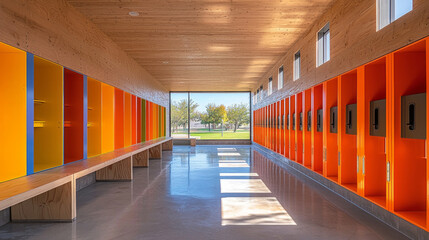 vibrant school locker room features colorful lockers wide shelves and ample natural light flooding through large windows. organized space creates cheerful atmosphere.