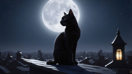 A black cat sitting on a rooftop, silhouetted against a full moon with a starry night sky in the background.