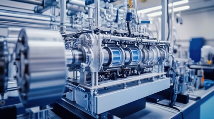 Hydrogen fuel cell efficiency technology being tested in a futuristic lab, with engineers optimizing energy output and durability