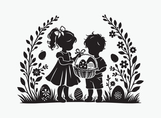 High-Quality Children Carrying Easter Baskets Silhouette Vector for Easter-Themed Projects