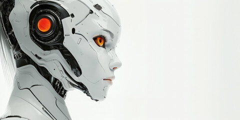 female electronic realistic eyes of robot, cyborg or android in profile on white background, woman with digital eyes