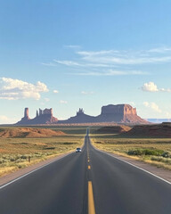 View of scenic rock formations and vast open road at sunset, Monument Valley, United States. 

