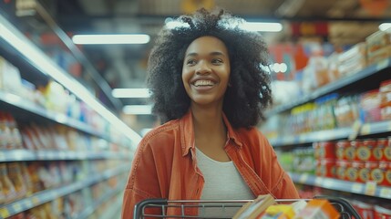 A smiling woman is enjoying her shopping experience in the supermarket aisle. She is happy, young, and shopping for groceries. The store is wellstocked and she is surrounded by various products