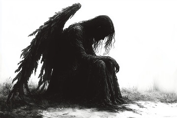 silhouette of a sad angel with burnt wings on a white background