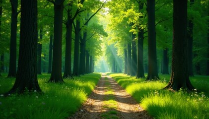 Fototapeta premium Footpath disappears into the distance through tall trees, summer, woods, tall trees